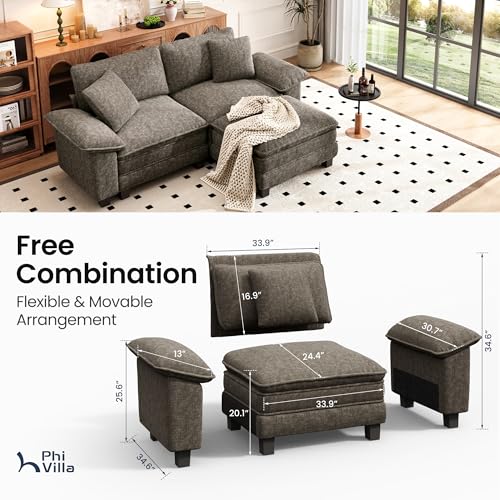 Image of PHI VILLA 87.5 inch Oversized Sectional Loveseat Sofa with 1 Movable Ottoman | Chenille Smoky Grey, Wider Armrest, Comfy Deep Seat, Wood Frame, Modern Cloud Modular Couch for Living Room and Apartment