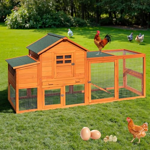 Image of Large Chicken Coop Outdoor Durable Duck House Poultry Pet Hutch & 2 Wood Eggs Run Cage Nesting Box Waterproof Asphalt Roof Ramp Removable Tray Wire Fence for Backyard Small Animal (Orange)