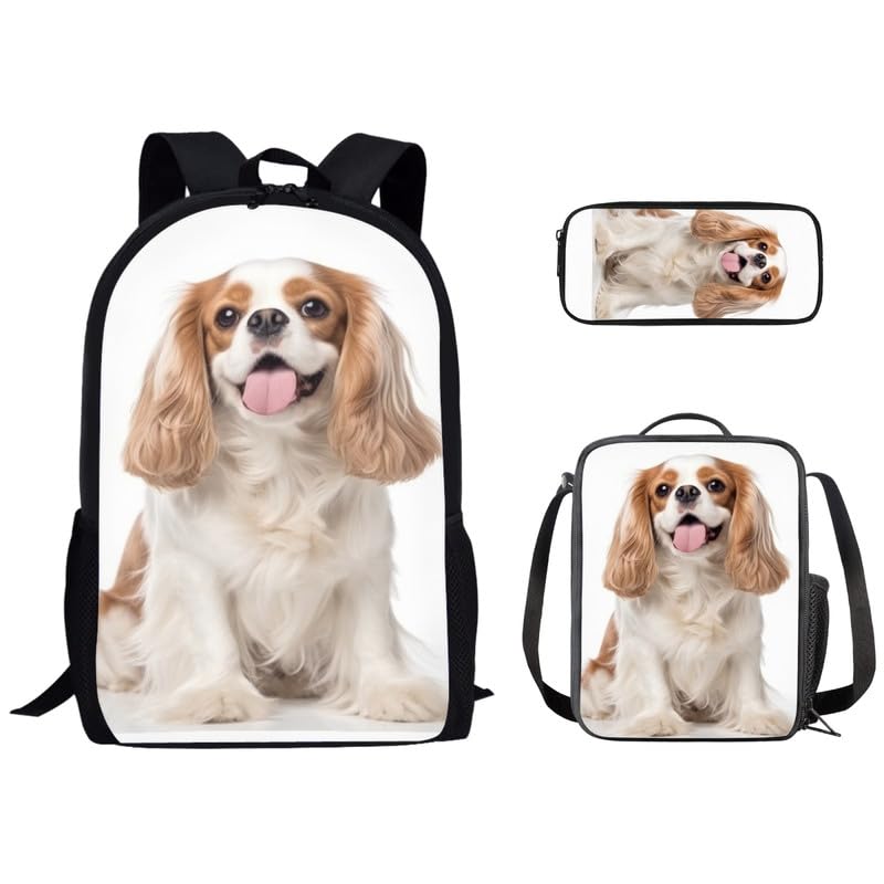 Garronmavis 3D Cavalier King Charles Boys Girls Bookbag Sets Cute Puppy Dog Middle School Print Bookbag Pet Lovers Spacious Insulated Lunch Box