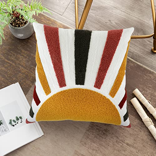 Ojia Decorative Throw Pillow Cover, 18×18 Square Boho Pillow Case, Colorful Sun Tufted Pillow Cushion Cover For Couch Sofa Living Room Bedroom 1 Pack #TOP1