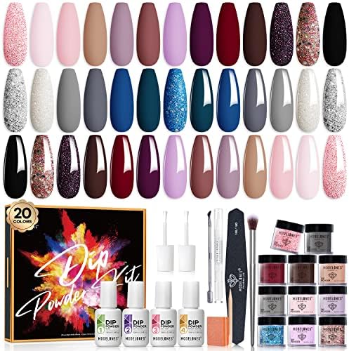 Modelones 32 Pcs Dip Powder Nail Kit Starter, 20 Colors Nude Pink Gray Acrylic Dipping Powder System Essential Liquid Set with Base&Top Coat Activator for French Nail Art Manicure DIY Salon Gift Set