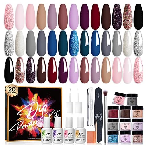 Modelones 32 Pcs Dip Powder Nail Kit Starter, 20 Colors Nude Pink Gray Acrylic Dipping Powder System Essential Liquid Set with Base&Top Coat Activator for French Nail Art Manicure DIY Salon Gift Set