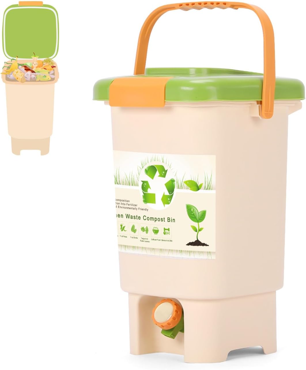 Kitchen Compost Bin with Handle, 15L Capacity, PP Material, 15in Height, White