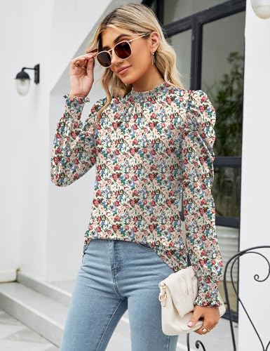Image of LUYAA Puff Long Sleeve Shirts for Women Tops Dressy Casual Frill Mock Neck Smocked Cuffs Blouses