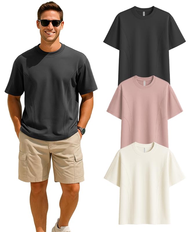 Image of Sleepynuts Men 220 GSM 100% Pure Cotton Oversized Baggy Fit Drop Shoulder Round Neck T-Shirt Pack of 3 (Vintage Pink, Off White, Smoky Grey-L)