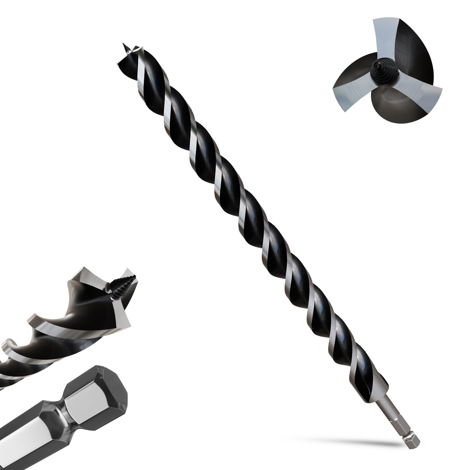 METOTY 30mmx460mm Auger Drill Bit Extra Long Drill Bits,12mm Hex Shank for Wood with Quick Change - 3-Cutter Design with Dual-Flute for Fast Chip Removal, Fits Hardwood, Softwood, PVC, Drywall — image 1
