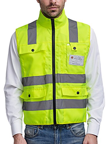 Preisvergleich Produktbild Camilife Herren Stehkragen Warnwesten Reflektierende Westen Sicherheitsweste Hohe Sichtbarkeit Multi-Tasche Mehrfunktional - Fluoreszenz Grün Größe XXL