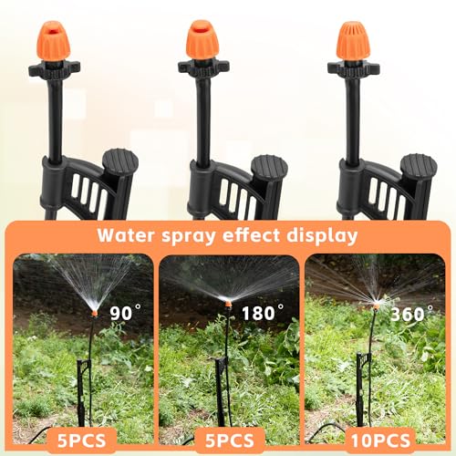 20 Sets 90/180/360 Degree Irrigation Sprinkler Heads with Stake, Drip Micro Spray Emitters with 1/4" Irrigation Tubing on Riser Stake,Micro Spray Sprinkler Stake Assembly for Garden Watering System by FULAIERGD - Image 4