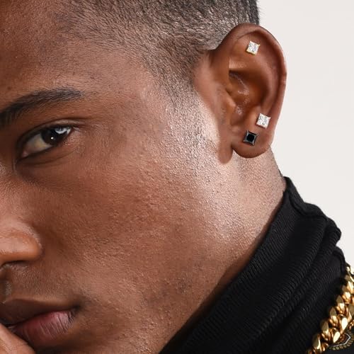 MDFUN 6 Pairs Stud Earrings Set Hypoallergenic Silver/Gold/Black Round & Square 5A+ Cubic Zirconia Earrings 3-7MM for Men Women3