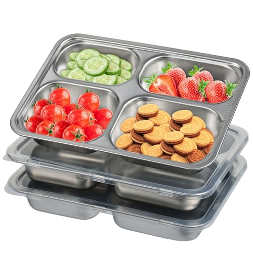 CIEOVO 3 Pieces Stainless Steel Snack Containers with Lids, Balanced Bites Divided Plates 4 Compartments Divided Food Storage Container Portion Control Metal Lunch Tray for School Home Travel