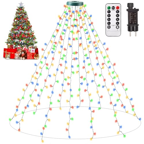 Auriostar Luci Albero di Natale, 2.5m x 12 Luci Natale Esterno IP44 Impermeabile, 300LED 8 Modalità Catena Luminosa Esterno Natalem, Luci LED Albero di Natalizia per Interno Esterno (Multicolore)