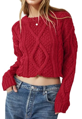 Saodimallsu Damen Pullover Kurz bauchfrei Strickpullover Rundhals Langarm Einfarbige Herbst Winter Rippstrick Oberteile,Rot,XL Saodimallsu Damen Pullover Kurz bauchfrei Strickpullover Rundhals Langarm Einfarbige Herbst Winter Rippstrick Oberteile,Rot,XL