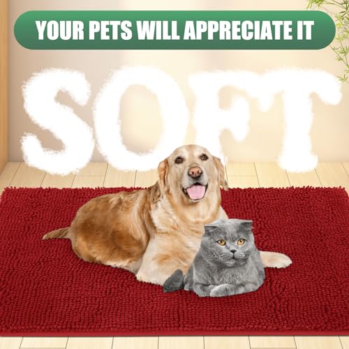IM HOME Chenille Absorbent Outdoor Doormat 30" x 20", Washable Muddy Door Mats for Dog Non Slip Indoor Doormat Dog Mat for Muddy Paw Front Inside Doormats for Entryway Red Burgundy