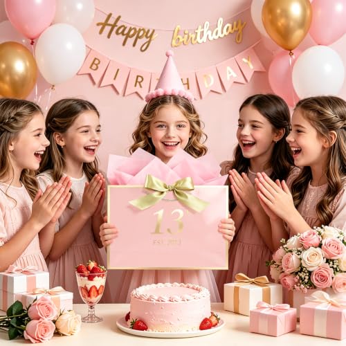Image of JMANNI Birthday Gift Bag with Card and Tissue Paper for Men Women Him, Elegant Pink Gold Anniversary Keepsake Party Present Shopping Paper Bags for Gifts Wrapping Pink / 13 inch Large /EST.2013 13th
