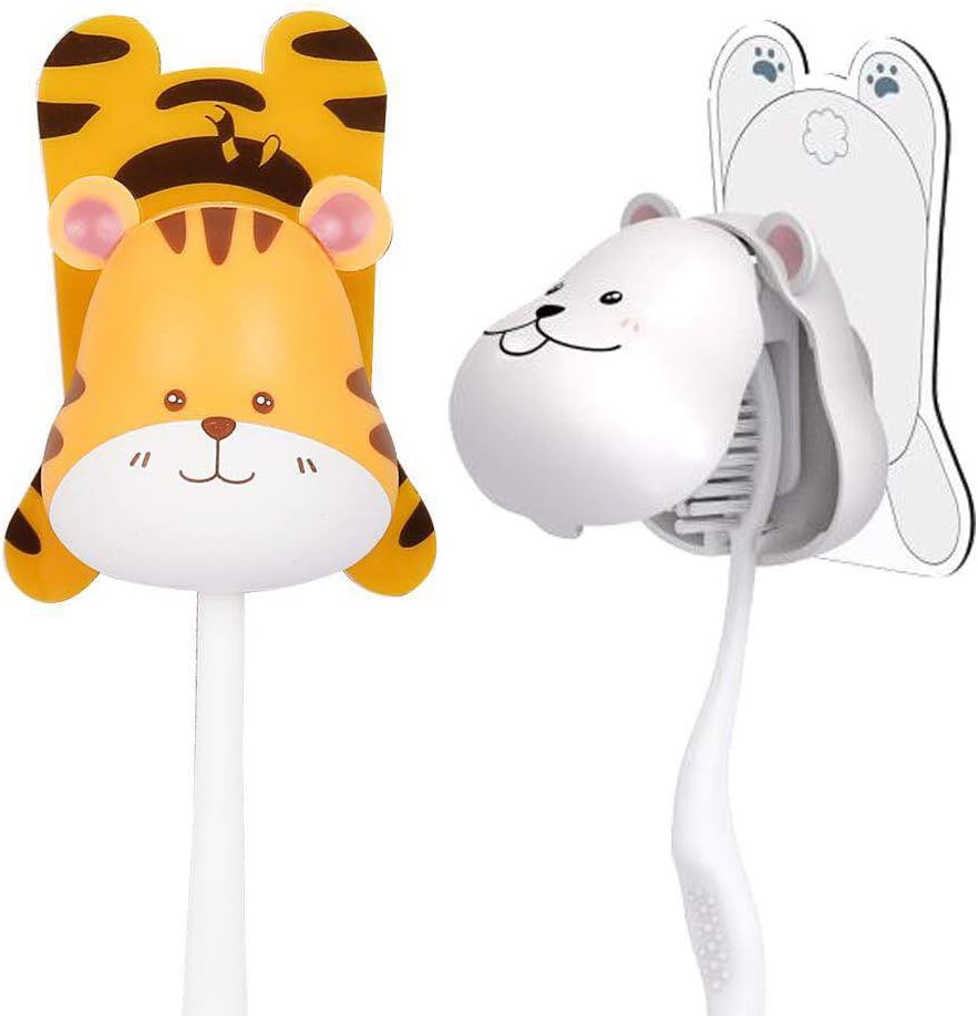 Heasa Toothbrush Holder Wall Mounted, Animal Kids Toothbrush Holder (White RABIT Yellow Tiger)