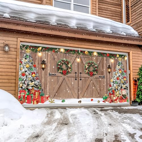 𝐌𝐚𝐠𝐧𝐞𝐭𝐢𝐜 Garage Door Christmas Cover 7×16ft, Christmas Garage Door Cover 2 Car with Barn Wood Door Design (Magnets*6 Included) by BlissfulTie - Image 4