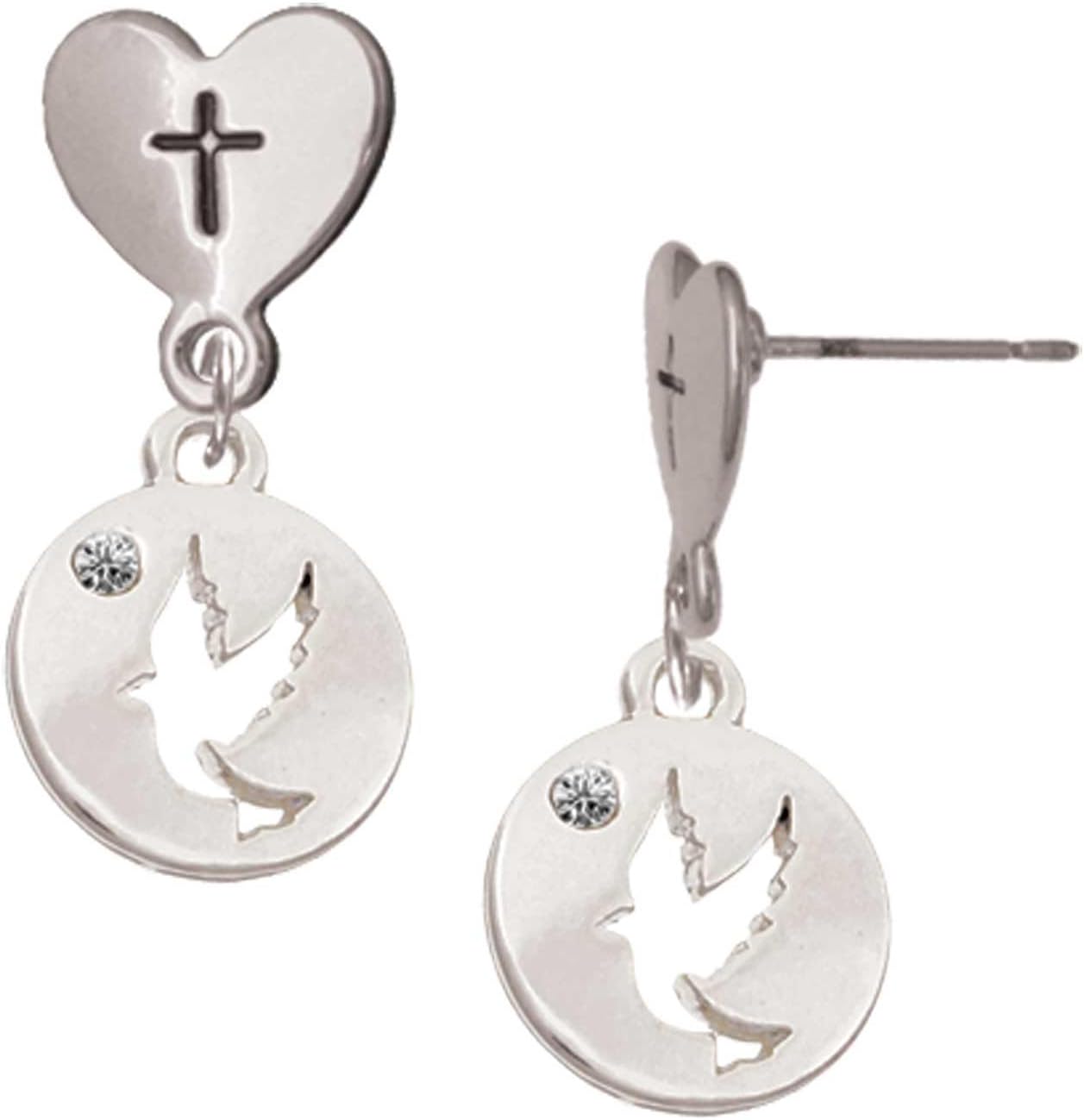 Delight Jewelry Plated Dove Disc Plated Cross in Heart Post Dangle Earrings