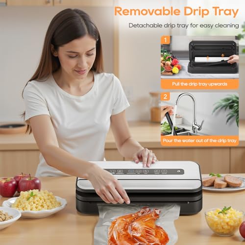 2025 Updated Stylish design Precision Vacuum Sealer Machine Pro for Food Saver, Concealed Handle 90Kpa Vacuum Sealing for Sous Vide,Liquid Food/Build with Cutter/Large Bag Storage/2 Bag Rolls by Tafunor - Image 5