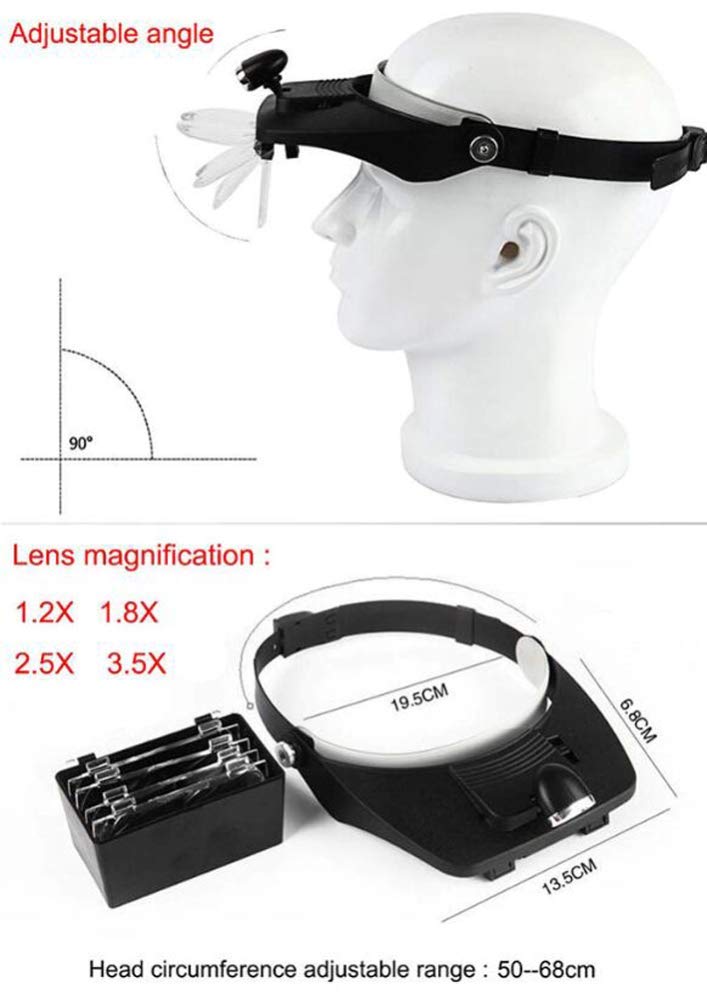 4 Linsen 1,2X, 1,8X, 2,5X, 3,5X Lupe, LED-Licht, Freisprech-Stirnband, Lupenlampe, Stirnband, Brille, Lupe, Lesebrille mit 2 LED-Leuchten, Brillen Magni (Farbe: A) charitable