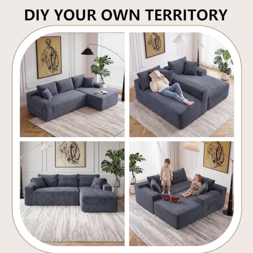 Image of 94.5 inch L Shaped Boneless Sectional Corduroy Couches for Living Room (Gray)
