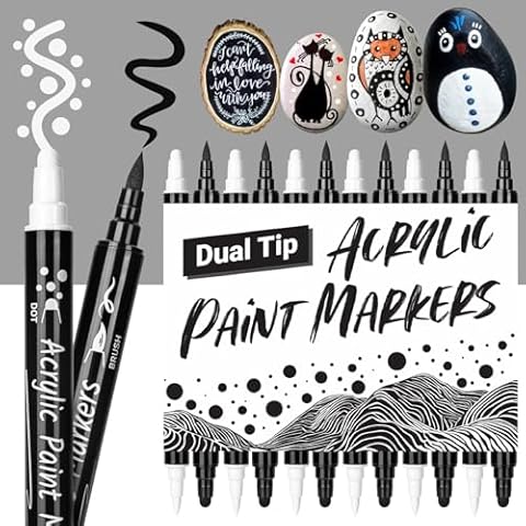 KERIFI Black and White Paint Pens, 12 Dual Tip Acrylic Paint Marker Brush Tip & Round Tip, Black White Acrylic Paint Pen for Rock Painting Stone Wood Plastic Glass Black Paper Ceramic (6Black 6White) Cover