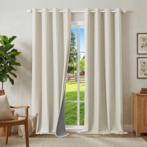 Runyéla 100{a3182f2b13ac0bc5015d09500bd9a856047f40708d80ef342fb1310be699b597} Verdunklungsvorhänge Leinen Gardinen mit Ösen 2er Set, Thermovorhang Hitzeschutz H 260 x B 140, Leinenoptik Vorhänge Blickdicht Hellbeige Schallschutz für Schlafzimmer Wohnzimmer