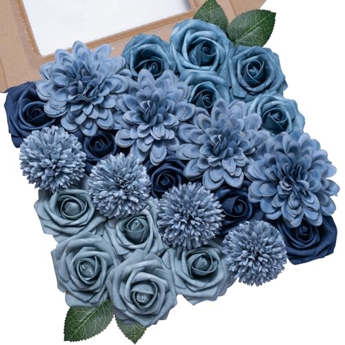 SWNAWE Dusty Blue Flowers Artificial Roses Combo Set Faux Blue Silk Flowers Fake Roses Mix Chrysanthemum Dahlia with Stems for Wedding Bouquets Baby Bridal Shower Party Floral Arrangements Decor