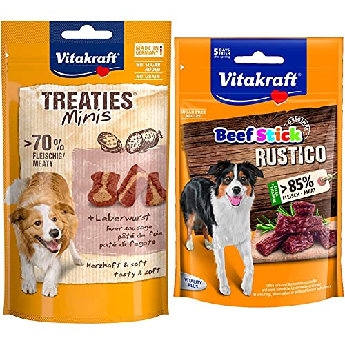 Vitakraft Hundesnack Treaties Minis Leberwurst, 8X 48g & Hundesnack Beef Stick Rustico, 7X 55g
