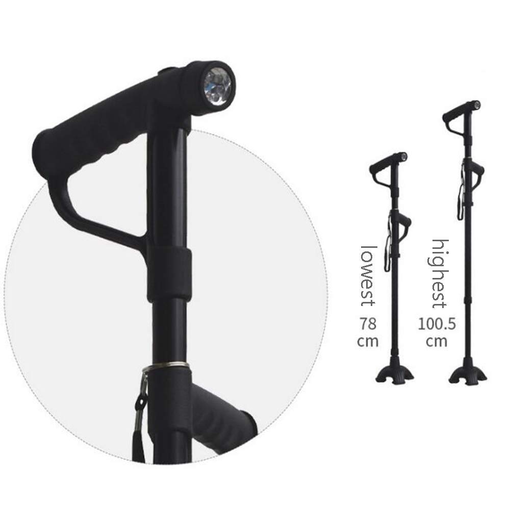 Stampelle Pieghevoli in Lega di Alluminio, Doppia Impugnatura Morbida Multifunzione con Luce LED Antiscivolo Quattro Piedi Bastone da Passeggio Regolabile in Altezza Ausili per la deambulazione