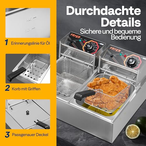 VIVOHOME Große Doppel Fritteuse 20L mit stufenlosem Temperaturregelung Professionelle mit 2 Frittierkörbe für den Gewerblichen und Privaten Gebrauch