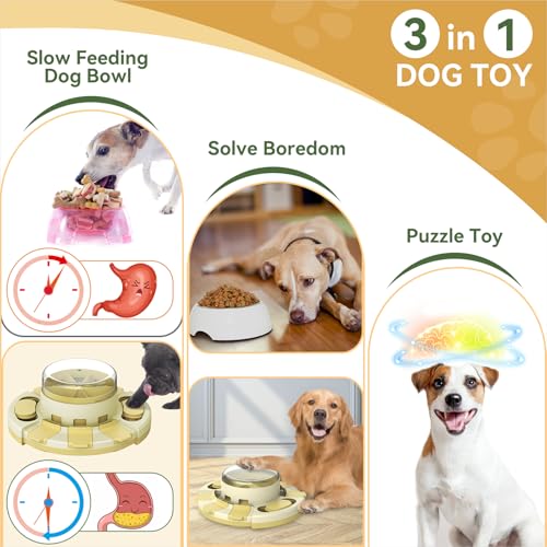 KADTC Dog Puzzle Toys for Small/Medium/Large Dogs Slow Feeder w/Button Level 2 in 1 Boredom Busters Keep Them Busy Enrichment Toy Puzzles Food/Treat Dispenser Puppy Brain Mental Stimulation Game YLW