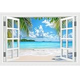 Fake Window Wall Sticker Mural- Beach Ocean Tropical Island Palm Tree Faux Window Wall Art Poster Decals for Home Office Landscape Decor, Peel and Stick Seascape Natural Scenery Scene, 48'x32'