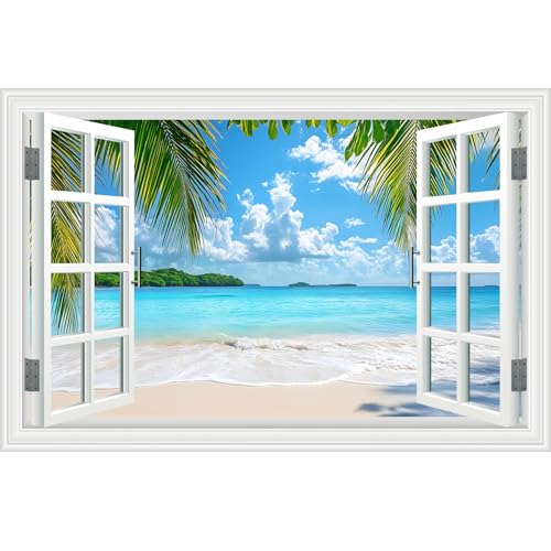 Fake Window Wall Decals-Summer Beach Ocean Tropical Island Palm Tree Faux Window Wall Art Poster Sticker for Home Office Landscape Decor, Peel and Stick Seascape Natural Scenery Scene Mural, 48"x32"