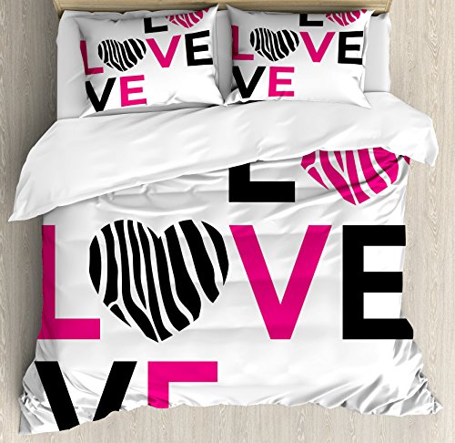 Ambesonne Pink Zebra Duvet Cover Set, I Love You Calligraphy Zebra Stripes Hearts Valentines Illustration, Decorative 3 Piece Bedding Set With 2 Pillow Shams, King Size, Pink Black And White #TOP25