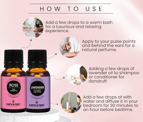 Image of Earth N Pure Lavender & Rose Essential Oils | Pack of 2 (15 ml each) | 100% Pure, Undiluted, Natural and Therapeutic Grade - Perfect for Aromatherapy, Skin Therapy & More