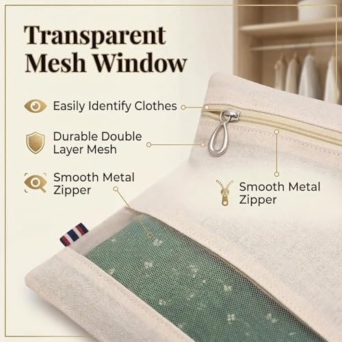 Image of RNTR Cotton Saree Bags /Covers for Storage Set of 24 Big Size Single (16 x 14 Inches) with Zip Closure & Transparent Mesh Window for Clothes Storage and Wardrobe Organizer (Beige)