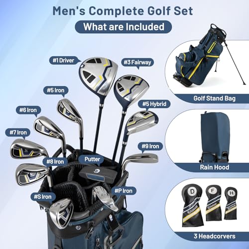 COSTWAY 12 Pieces Complete Golf Clubs Set for Men Women, Golf Club Package Set with 460CC #1 Driver, #3 Fairway and #5 Hybrid, #5#6#7#8#9#P #S Irons & Putter, Rain Hood, Right Hand (Navy Blue) - Image 2