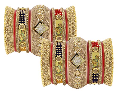 Image of NMII Traditional Gold Plated Acrylic Bangles Bridal Chuda Set For Women & Girls with Zircon Diamond & Pearls Beads Work | Royal Wedding Chudas | Premium Look | Bangles For Wedding, Festive, Function