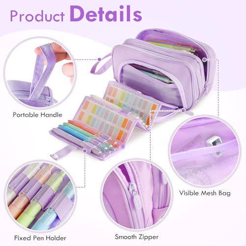 Image of Large Capacity Pencil Case with Pull-out Structure - Multifunctional Extra Big Pencil Pouch Pen bag, Portable Stationery Organizer with Zipper, Office School Supplies for Boys Girls, Purple
