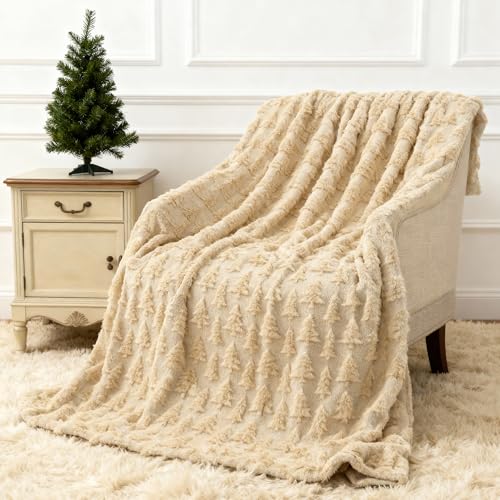 50x60 Inch,beige 3d Xmas Tree Winter Dual Sided Soft Fluffy Plush Faux Fur Jacquard Blanket For Bed Sofa Couch Room Decor Christmas Birthdays Gifts
