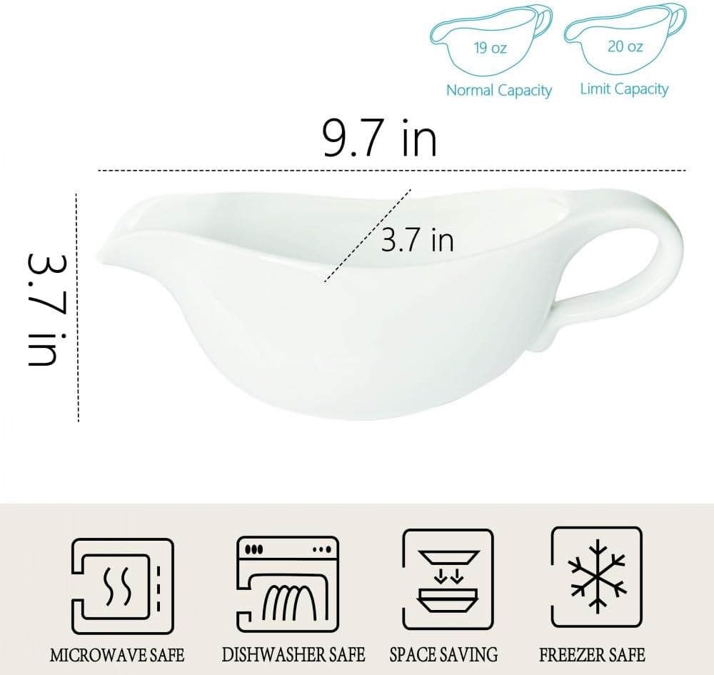 20 OZ Gravy Boat - White Meat Sauce Boat With Spoon - Perfect for Gravy, Sauces and Syrups, Salad Dressings, Creamer, Broth, and More Server