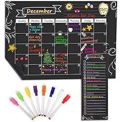 MoKo Calendario Magnético para Refrigerador de Cocina, 16.73´´ x 12´´ Planificador de Calendario Mensual y Lista de Compras con Borra Seca y 8 Marcadores de Tiza para Hogar, Oficina y Regalo - Negro
