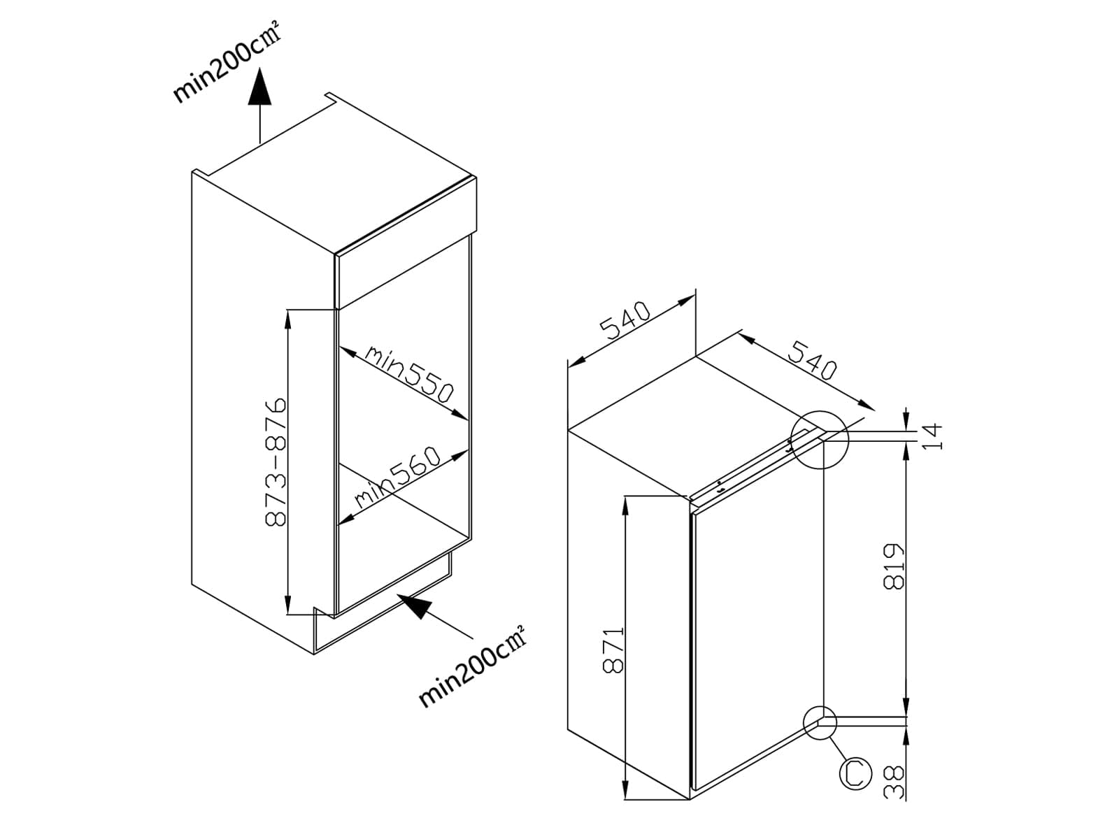 Amica Einbau Kühlschrank 116 L 87,1x54x54 cm EKSS 361 915 | 880 mm Nische, 100 L Kühlteil, 16 L Gefrierteil, Schlepptür-Technik, Inverter Kompressor, Tür-Offen-Alarm