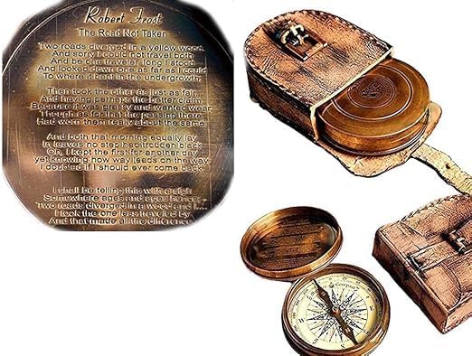 2.5" Robert Frost Poem Compass with Handmade Leather Carry Case Free Rustic Vintage Home Decor Gifts