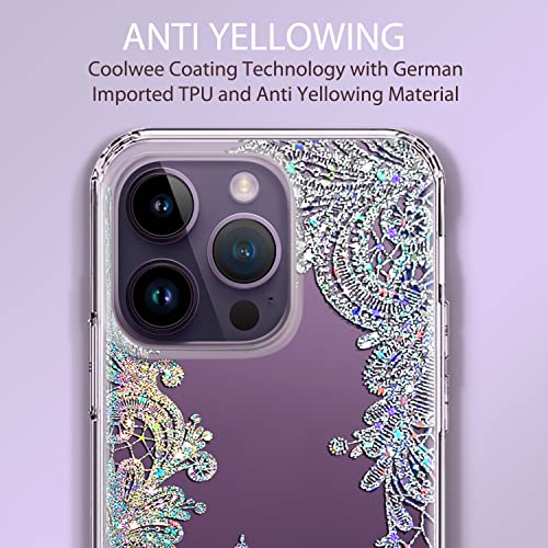 Coolwee Clear Glitter Compatible Iphone 14 Pro Max - 6.7" Military Drop Protection Flower Slim Cute Crystal Bling Lace Women Girls Floral Hard Back Tpu Protective Cover Mandala Henna Anti Yellowing #TOP4
