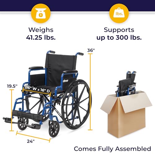 Drive Medical Blue Streak Lightweight Wheelchair - Portable Folding Mobility Aid - Swing-Away Footrests - Desk Arms - Durable Steel Frame - Easy Transport & Storage - 16-Inch Seat