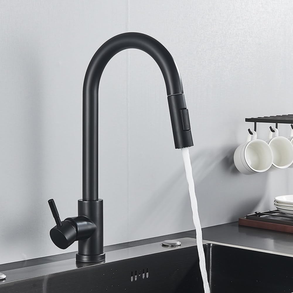 Grifo de cocina negro mate, interruptor de modos de fregadero extraíble, montaje en cubierta, grifo mezclador frío y caliente, negro dorado, 1