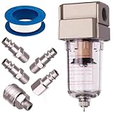 Jiavlyx Filtro de aire comprimido, separador de agua, separador de aceite, conexión de 1/4 pulgadas, separador de agua y aceite, con 4 conectores rápidos y una cinta de teflón, para regulador de