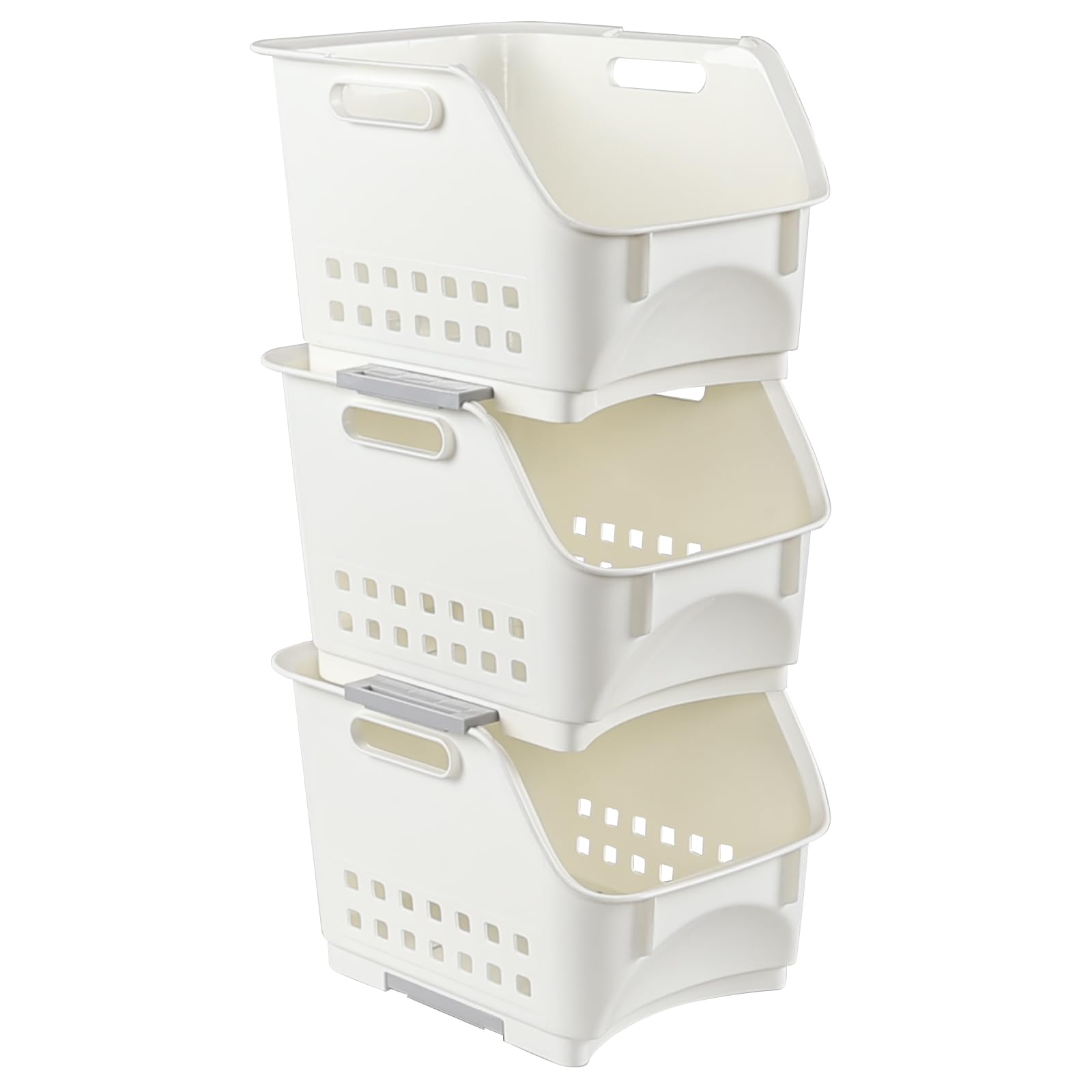 Parlynies Fruit Rack Kitchen Storage Shelf Basket, Stacking Baskets Storage Vegetable Rack Plastic Stackers (White, 3 Baskets)