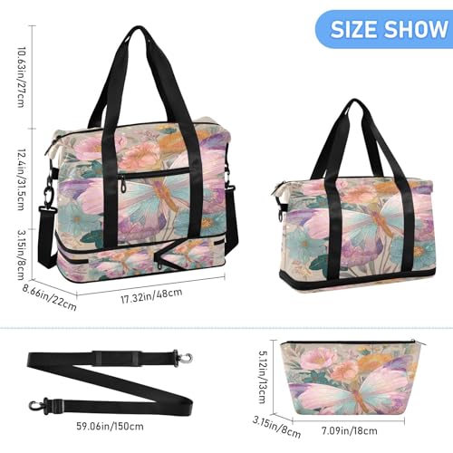 Floral Butterfly Beige Travel Duffel Bag for Women Men Gym Bag with Shoe Compartment Wet Pocket Carry On Weekender Overnight Bags for Yoga School Travel Gym3